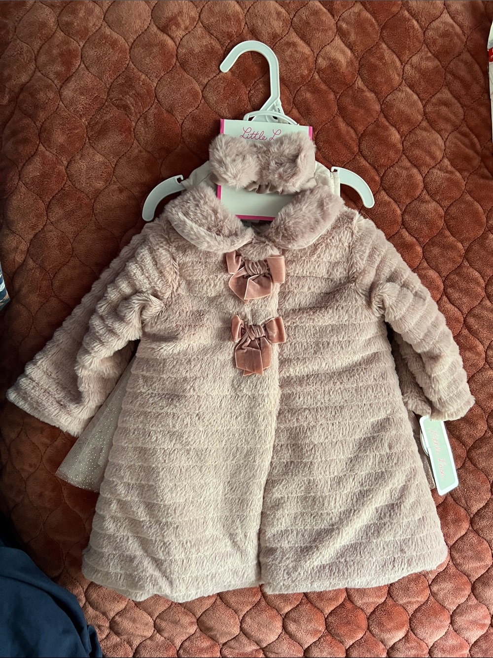 Little Lass Dusty Pink Plush Coat with Velvet Bows